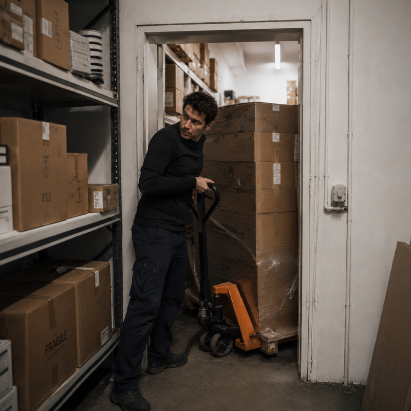 Medewerker verplaatst goederen door een smalle doorgang in het bedrijfsgebouw